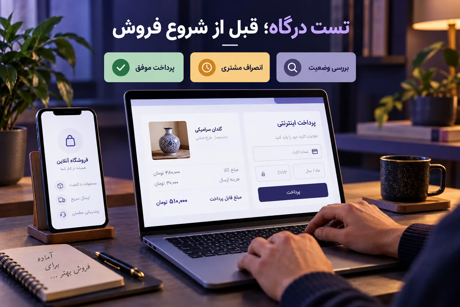 نمونه مفهومی آزمون پرداخت موفق، انصراف مشتری و بررسی وضعیت تراکنش