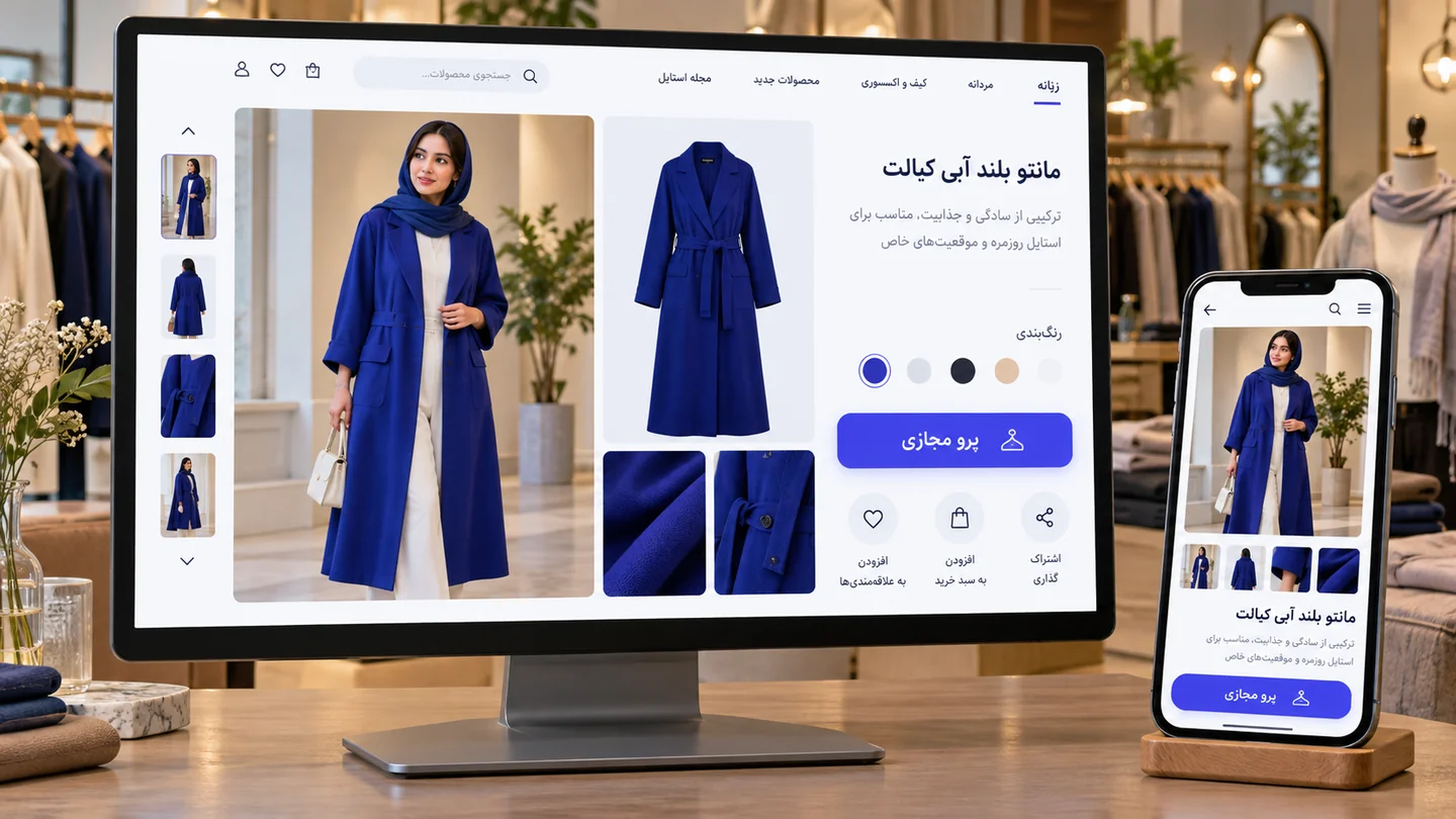 طرح مفهومی طراحی سایت پوشاک با دکمه پرو مجازی و نمایش هماهنگ موبایل