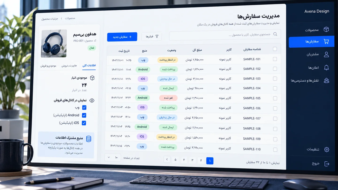 طرح مفهومی پنل مشترک سفارش‌های وب، اندروید و iOS با موجودی مرکزی